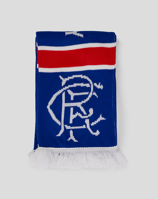 Rangers all the way scarf with blue base red white stripe and white fringe