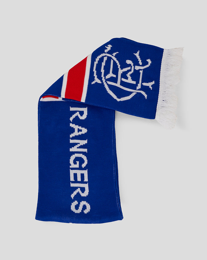 Rangers all the way scarf showing blue body white crest and vertical white text with a white fringed edge