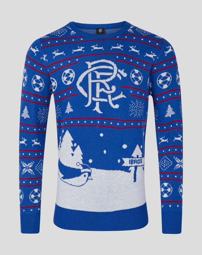 Blue Rangers 24/25 Christmas jumper with white reindeer pattern, snowflakes and a large central crest