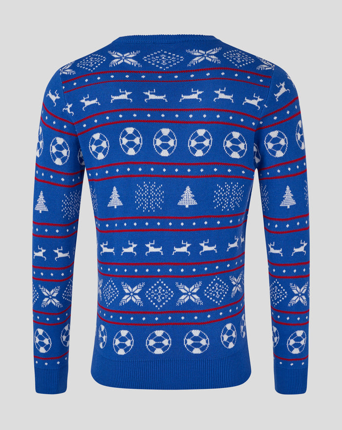 Blue Rangers Christmas jumper back view with white snowflakes deer silhouettes soccer ball motifs and trees along hem