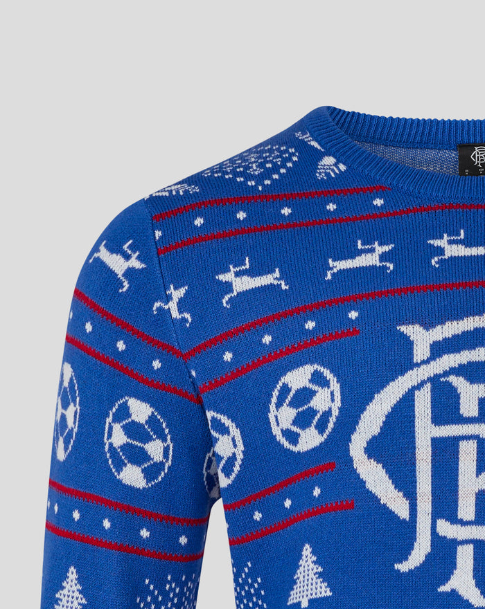 Close up of blue Rangers Christmas jumper showing knit collar and festive patterns including snowflakes and red stripes
