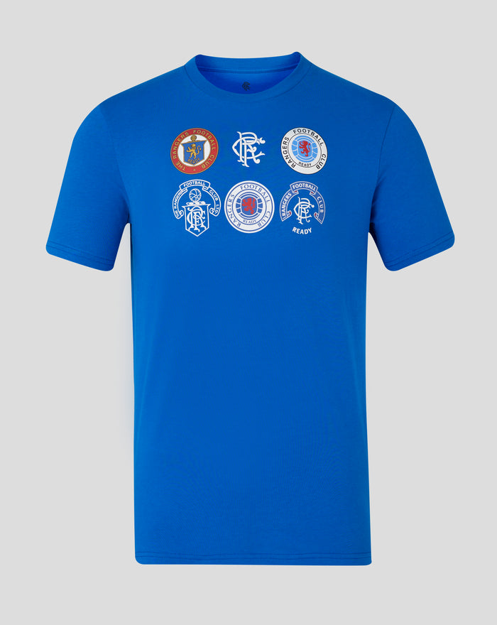 Unisex lapis blue badge tee with multiple Rangers crests across the chest