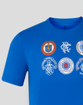 Close-up of the lapis blue Rangers T shirt neckline with a small crest at the inside back of the neck