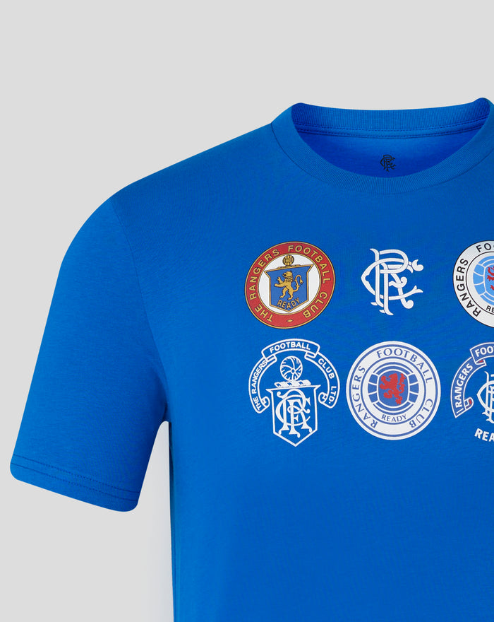 Close-up of the lapis blue Rangers T shirt neckline with a small crest at the inside back of the neck