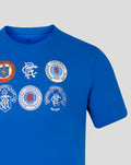 Close up of lapis blue unisex badge tee displaying several circular crests on the chest