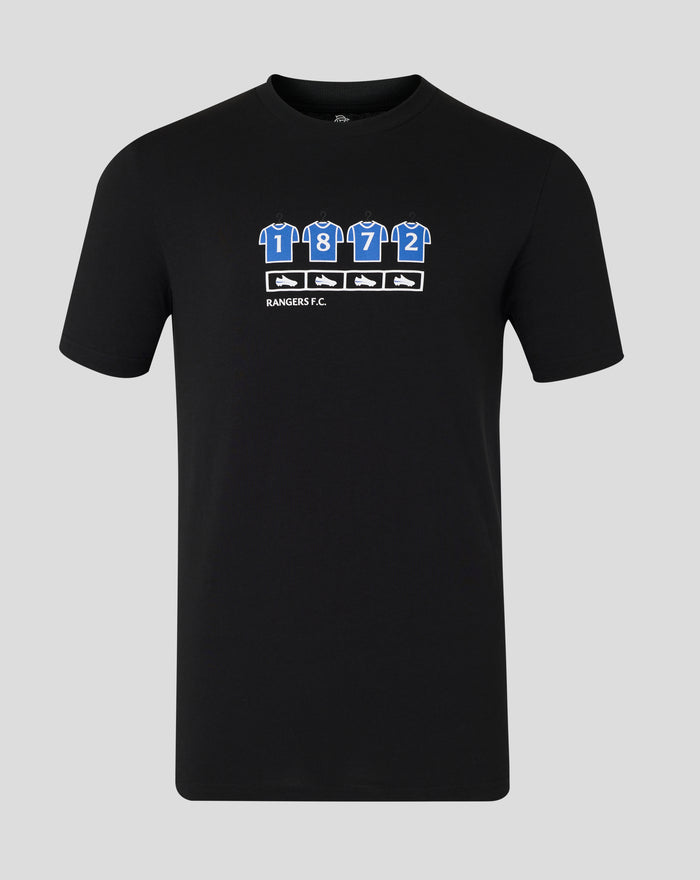 Unisex black T shirt featuring four blue numbered jerseys and boot icons with RANGERS F.C. branding