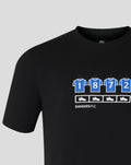 Close up of a black Rangers T shirt neckline with a blue crest graphic on the chest
