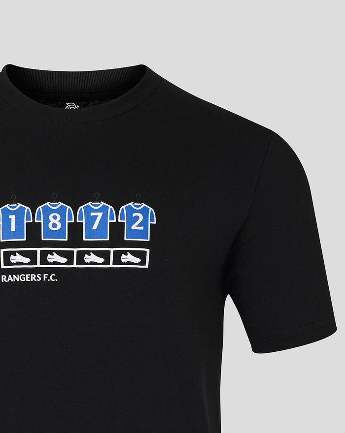Unisex changing room T shirt in black showing the four blue numbered jerseys and boot icons graphic with RANGERS F.C.