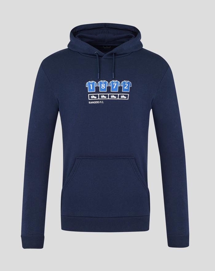 Navy hoodie with front graphic of five blue jerseys and the Rangers FC text across the chest