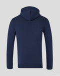 Back view of navy hoodie showing the hood and drawstrings with a clean minimalist design