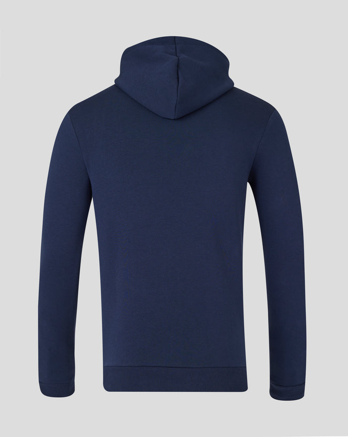 Back view of navy hoodie showing the hood and drawstrings with a clean minimalist design