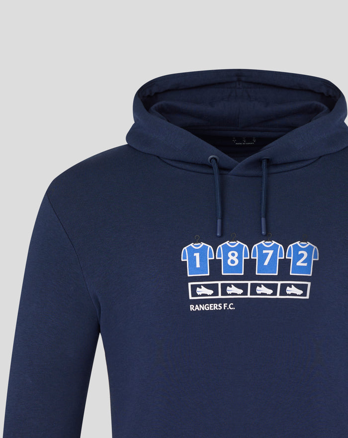 Front view of navy Rangers hoodie featuring blue numbered jerseys and boot icons with Rangers F.C