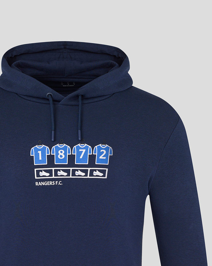 Navy Rangers hoodie with a graphic of blue numbered jerseys and boot icons across the chest and Rangers F.C. text