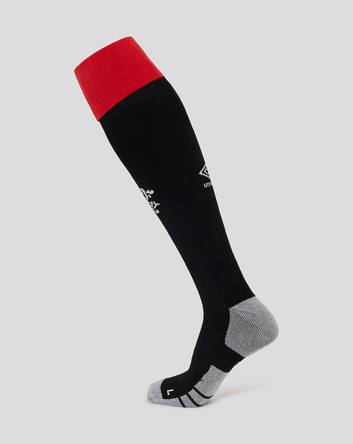 Rangers FC Junior Home Sock black with red cuff and gray heel and toe, shin crest visible