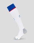 Close-up of Rangers Junior away sock white with blue cuff red stripe and Umbro logo