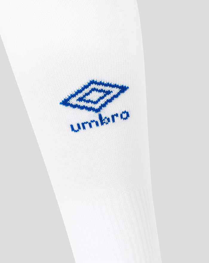 Close-up of white Rangers Junior away sock with blue Umbro logo and knit texture