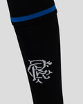 Close up of a black Rangers 25/26 third sock showing white crest embroidery.