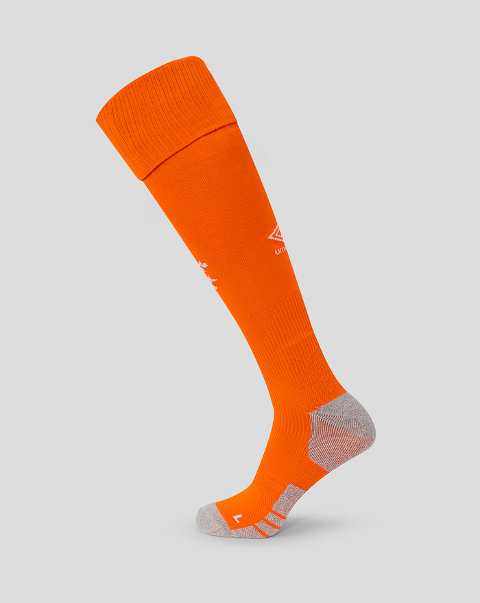 Adult third goalkeeper sock in bright orange knee-length with grey heel and toe and white logo on the calf