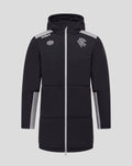 Front view of black unisex padded coaches jacket with hood gray shoulder panels and full zip
