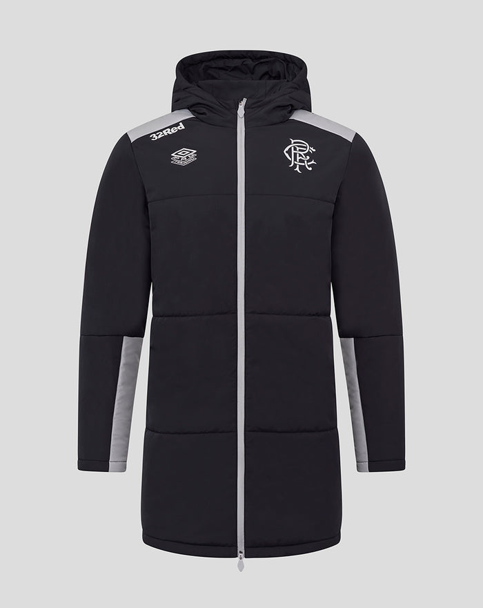 Front view of black unisex padded coaches jacket with hood gray shoulder panels and full zip