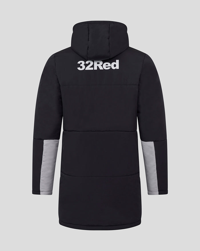 Back view of black padded jacket with hood and 32Red logo across upper back; sleeves feature grey panel accents.