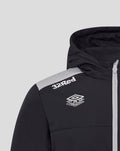Close up of black padded unisex jacket with hood central zipper gray shoulder panel and white 32Red and PRO Training logos
