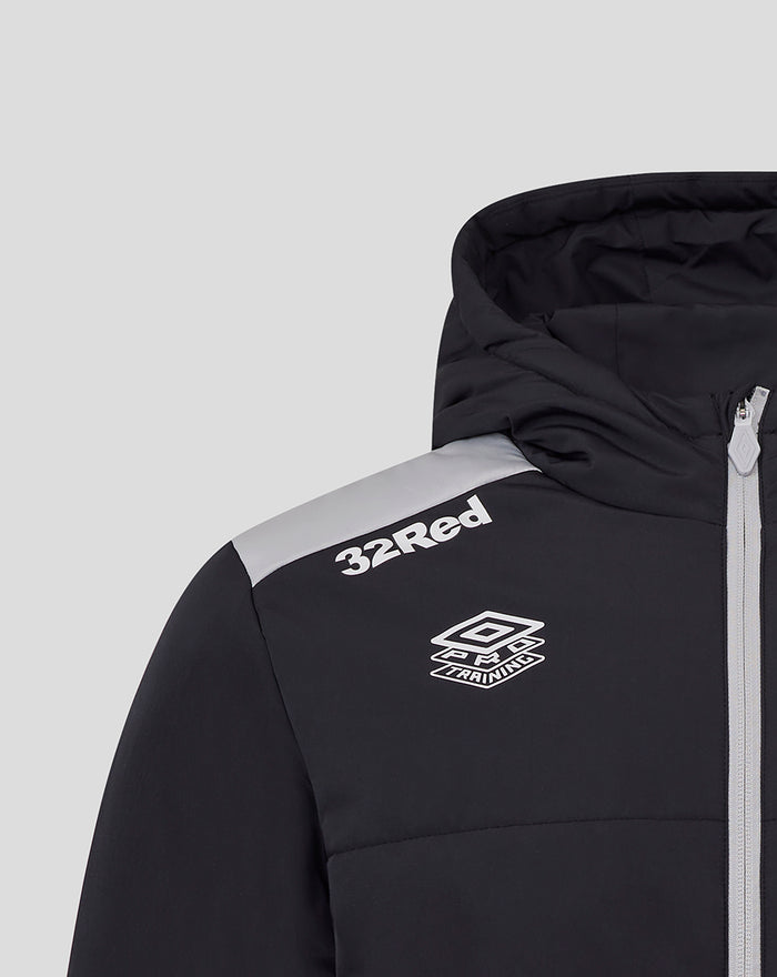 Close up of black padded unisex jacket with hood central zipper gray shoulder panel and white 32Red and PRO Training logos