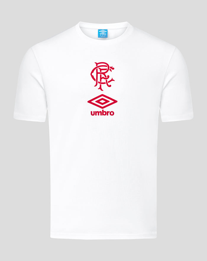 Front view of junior travel white and red short sleeve t-shirt with reflective Umbro logo and club crest on the chest