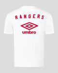 Back view of white junior travel short sleeve t-shirt with Rangers lettering above a red Umbro emblem