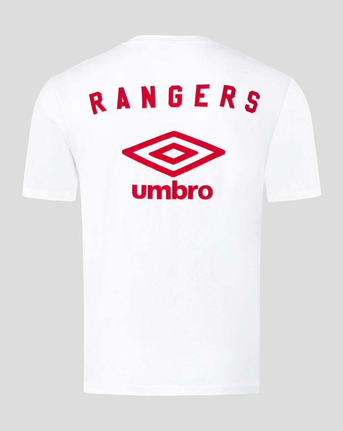 Back view of white junior travel short sleeve t-shirt with Rangers lettering above a red Umbro emblem