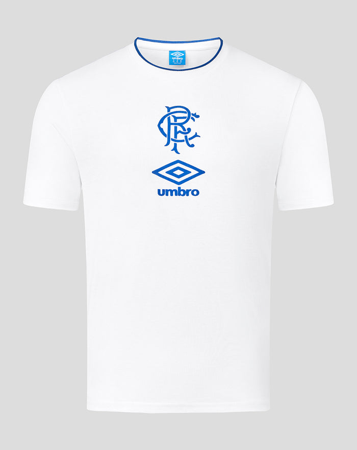 White unisex travel T-shirt with blue club crest and Umbro diamond logo centered on the chest
