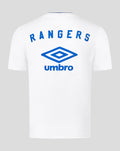 Back view of white unisex T shirt featuring blue Rangers text and Umbro diamond logo on the upper back.