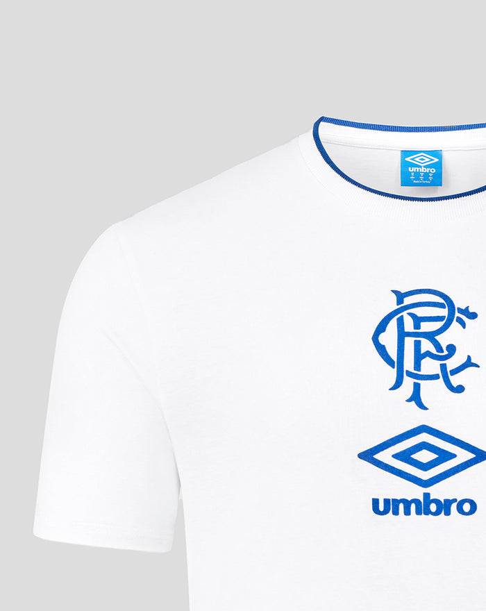 White T shirt chest with blue club crest and Umbro diamond logo.