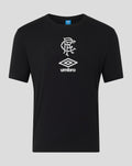 Front view of black unisex travel T shirt with white RANGERS crest and Umbro diamond.