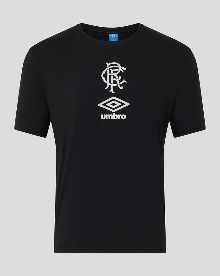 Front view of black unisex travel T shirt with white RANGERS crest and Umbro diamond.