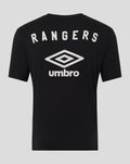 Back view of black unisex travel T shirt featuring large white RANGERS arch and Umbro emblem.