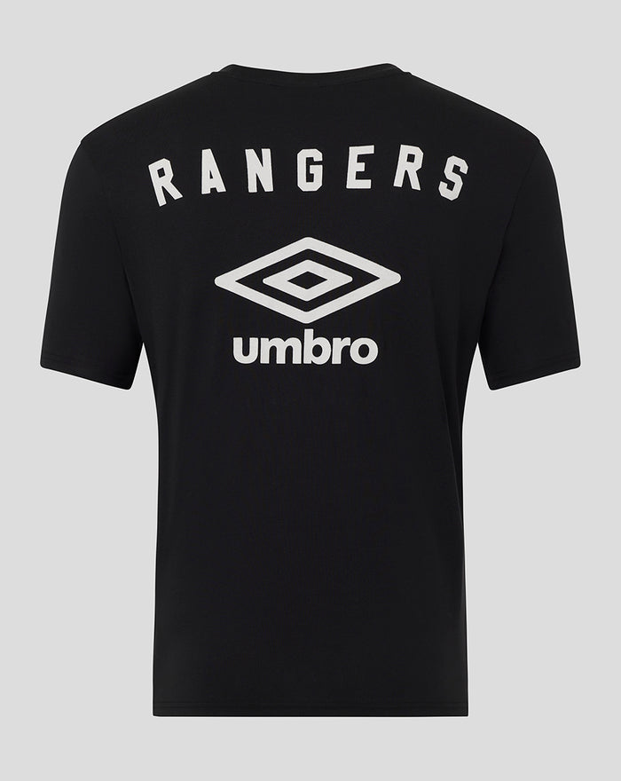 Back view of black unisex travel T shirt featuring large white RANGERS arch and Umbro emblem.