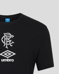Black unisex travel T-shirt close-up with white club crest and Umbro diamond logo on the chest and blue neck tag
