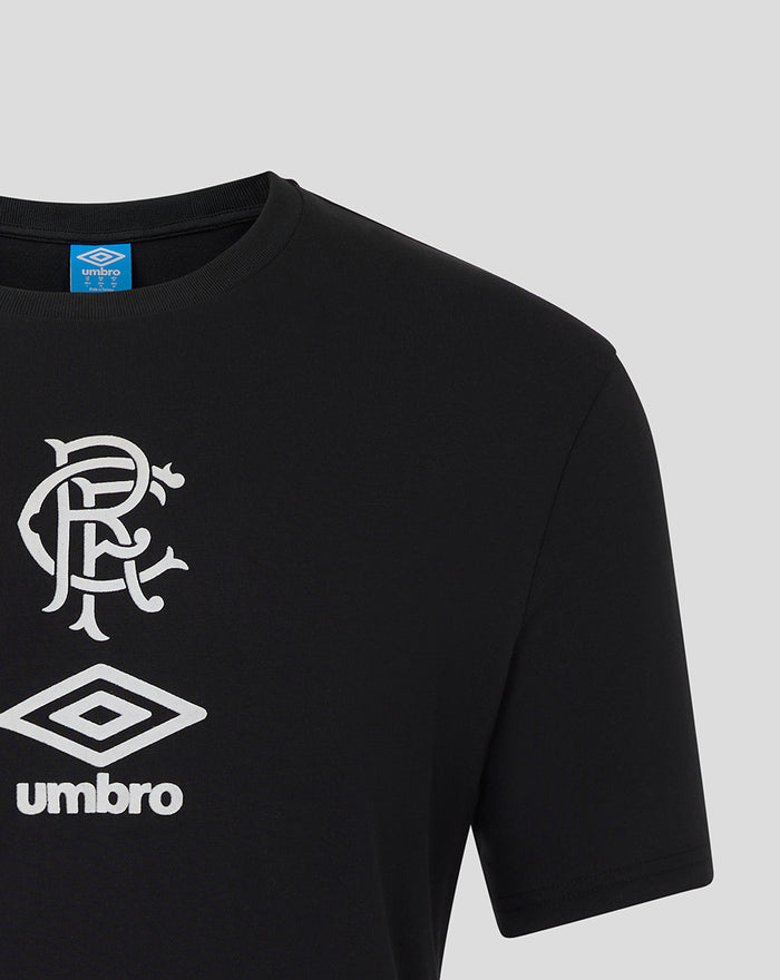 Black unisex travel T-shirt close-up with white club crest and Umbro diamond logo on the chest and blue neck tag