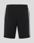 Back view of Unisex Travel Shorts in Caviar black with grey side panels and an elastic waistband