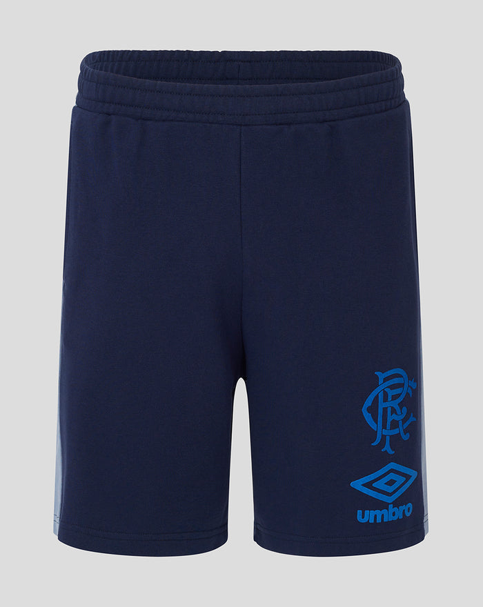 Front view of navy unisex travel shorts with elastic waistband and drawcords, blue Castore logo and club crest on the leg.