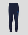 Back view of navy travel pants with elastic waistband and blue crest logo on the right leg