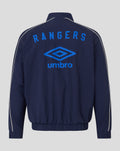 Back view of navy Rangers track jacket with large blue RANGERS lettering and the Umbro diamond logo.