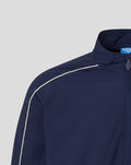 Close-up of navy UNISEX travel track jacket with white piping along the shoulder