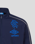 Close up of navy track jacket chest showing Rangers crest and Umbro logo.