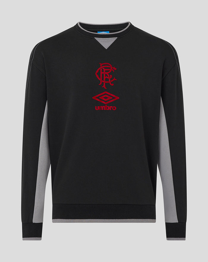Front view of black unisex travel crew sweatshirt with red club crest and Umbro diamond logo on the chest