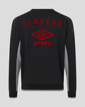 Back view of black travel crew sweatshirt with Rangers text and Umbro logo on the back