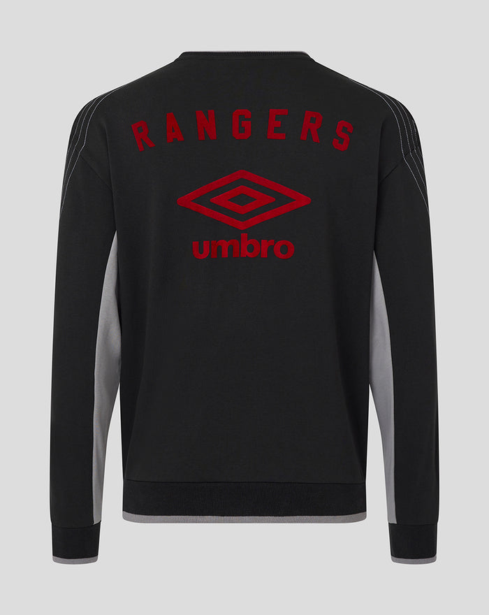 Back view of black travel crew sweatshirt with Rangers text and Umbro logo on the back