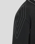 Close up of black travel crew sweatshirt showing white topstitching along the shoulder panel