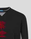 Close up of shoulder area on black travel crew sweatshirt showing grey sleeve panels and white topstitching